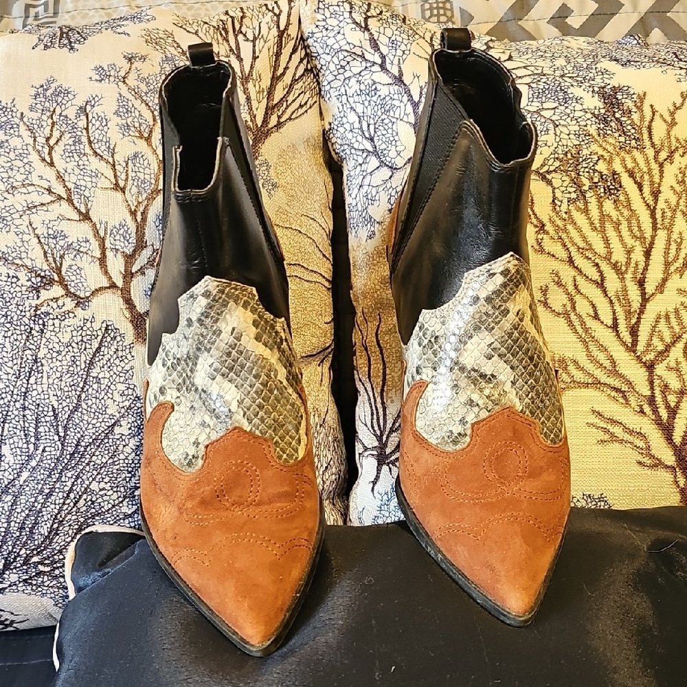 Black and Brown Ankle Boots with Textured Design, Faux Snake Skin Look